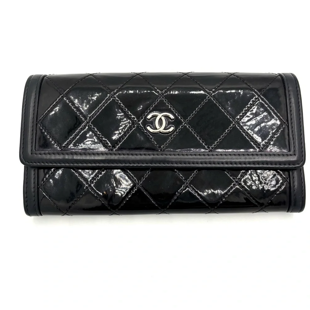 CHANEL Black Quilted Patent‎ Leather Wallet with Elegant Silver Accents